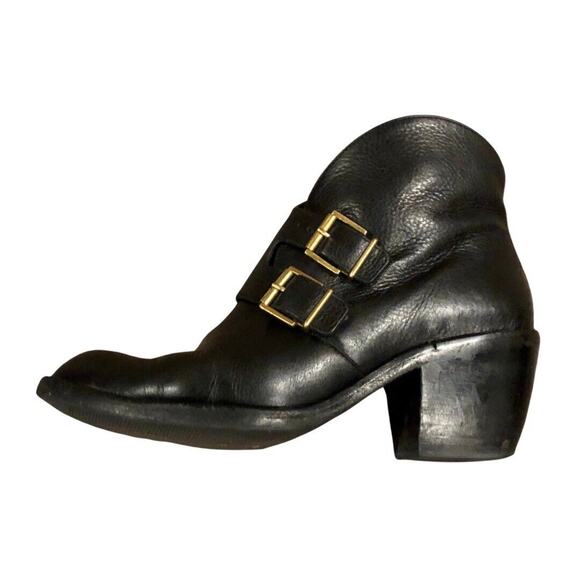 Robert Cleregie Leather Ankle Boot 5.5 Black Double Gold Brass Buckle Block Heel - Picture 1 of 13